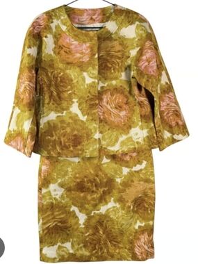 Talbots Women’s Petite 4P Floral 2 Piece Set Coat & Skirt Yellow Pink Outfit